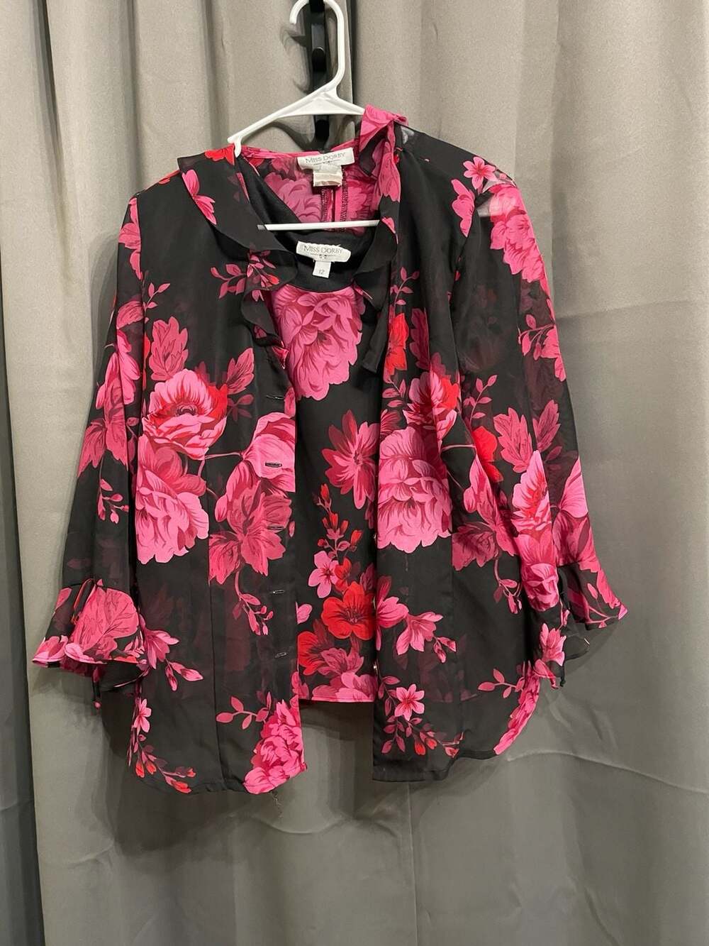 Miss Dorby 12 Black and Pink Floral Button Down Blouse and Tank Top Set